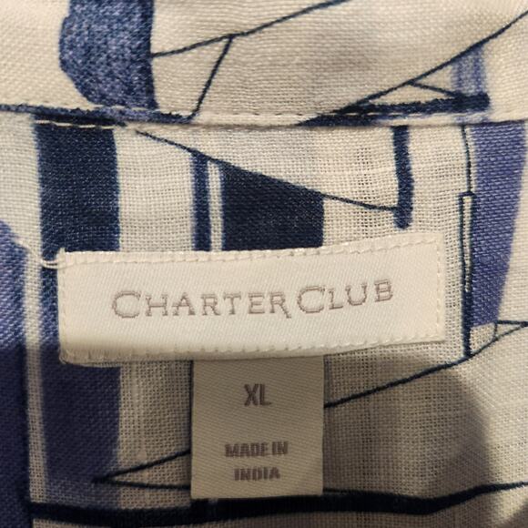 Charter Club Womens White Blue 100% Linen Printed Roll Tab Top Size XL Nautical - Picture 3 of 9